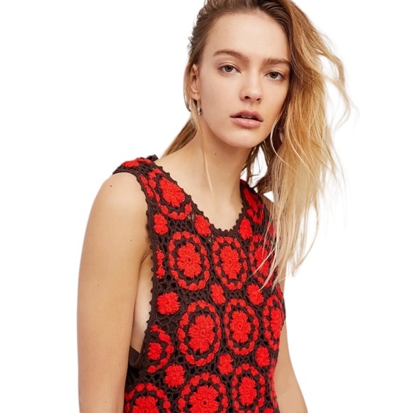 Free People Delilah Crochet Mini Shift Dress in Orange and Brown Sz S - Picture 3 of 13